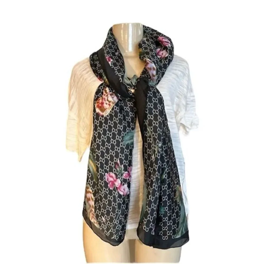 100% SILK BY FASHION‎ DESIGN FEATHER FLORAL LARGE SOFT LIGHTWEIGHT SCARF NWT